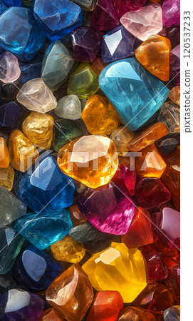 A vibrant collection of polished gemstones in vivid colors, reflecting light with dazzling intensity 120537233