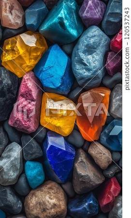 Bright and colorful gemstones in various shapes and vibrant shades of blue, orange, pink, and yellow 120537243