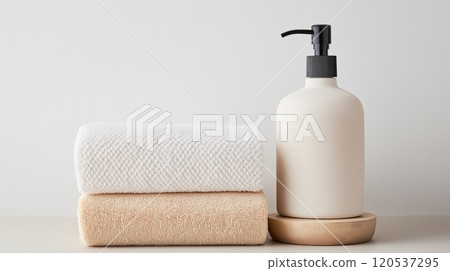 A beige dispenser with a black pump sits on a tray next to folded white and tan towels on a counter 120537295