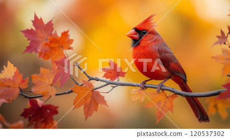 Majestic red cardinal sitting on a delicate branch surrounded by vivid orange and yellow leaves 120537302