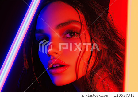 Dynamic portrait with red and blue neon hues, highlighting sharp features and intense expression Dynamic portrait with red and blue neon hues, highlighting sharp features and intense expression 120537315