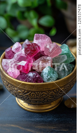A decorative golden bowl filled with raw pink, red, and green crystals against a lush background 120537478