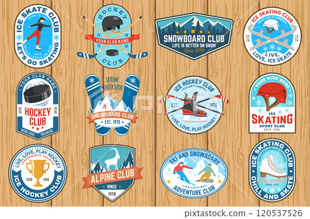 Set of Ice Hockey, snowboard and Ice Skate club logo, patch with snowboarder, skier rides, ice hockey player, sticker, puck, skate, helmet, ice skater girl. Winter sport. Vector. Set of Ice Hockey, snowboard and Ice Skate club logo, patch with snowboarder, skier rides, ice hockey player, sticker, puck, skate, helmet, ice skater girl. Winter sport. Vector. 120537526