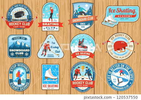 Set of Ice Hockey, snowboard and Ice Skate club logo, patch with snowboarder, skier rides, ice hockey player, sticker, puck, skate, helmet, ice skater girl. Winter sport. Vector. Set of Ice Hockey, snowboard and Ice Skate club logo, patch with snowboarder, skier rides, ice hockey player, sticker, puck, skate, helmet, ice skater girl. Winter sport. Vector. 120537550