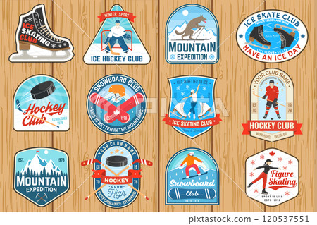 Set of Ice Hockey, snowboard and Ice Skate club logo, patch with snowboarder, skier rides, ice hockey player, sticker, puck, skate, helmet, ice skater girl. Winter sport. Vector. 120537551
