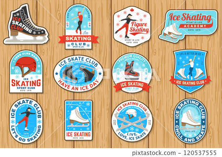 Set of Ice Skate club logo, badge, patch design. Concept for shirt or logo, print, stamp or tee with skate, helmet, ice skater girl. Winter sport. Vector illustration. 120537555