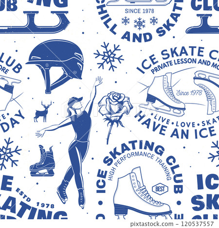 Ice Skate club seamless pattern design. Background, wallpaper, seamless pattern with skate, skates blades and helmet . Winter sport. Vector illustration. 120537557