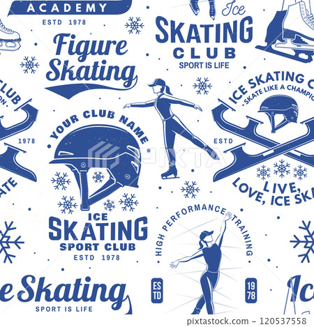 Ice Skate club seamless pattern design. Background, wallpaper, seamless pattern with skate, skates blades and helmet . Winter sport. Vector illustration. Ice Skate club seamless pattern design. Background, wallpaper, seamless pattern with skate, skates blades and helmet . Winter sport. Vector illustration. 120537558