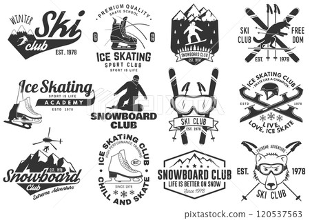 Ski, Ice Skate and Snowboard Club emblem. Vector. Concept for shirt, print, stamp, badge or tee. Vintage typography design with snowboarder, skate, skates blades and skier silhouette. Winter sport Ski, Ice Skate and Snowboard Club emblem. Vector. Concept for shirt, print, stamp, badge or tee. Vintage typography design with snowboarder, skate, skates blades and skier silhouette. Winter sport 120537563