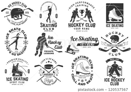Set of Ice Skate club and Ice Hockey logo, badge design. Concept for shirt or logo, print, stamp or tee with skate, skates blades, ice hockey player, sticker, puck and helmet . Winter sport. Vector 120537567