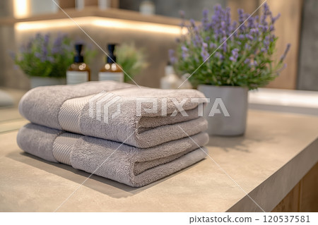 Gray folded towels on a counter with lavender plants and skincare bottles in a softly lit bathroom Gray folded towels on a counter with lavender plants and skincare bottles in a softly lit bathroom 120537581