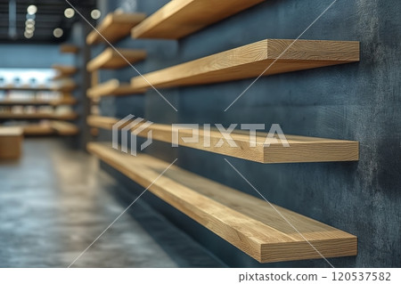 Floating wooden shelves with a textured finish, arranged horizontally on a rustic interior wall 120537582