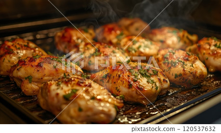 Grilled chicken thighs garnished with herbs, steaming on a rack with a golden and juicy appearance 120537632