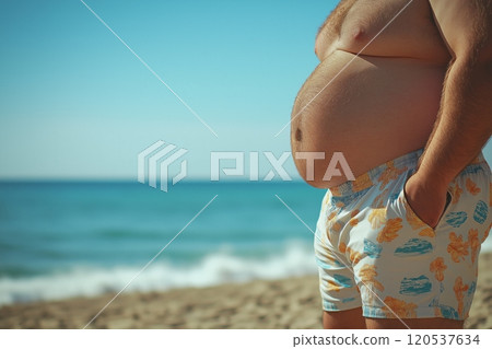 Close up of a mans belly in floral shorts, standing on the beach with turquoise waves in view 120537634