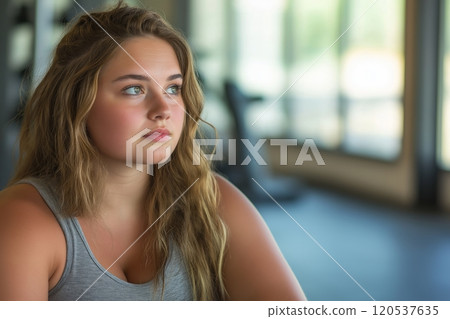 A young woman with wavy hair sits in a gym, gazing outward with a serene and relaxed expression A young woman with wavy hair sits in a gym, gazing outward with a serene and relaxed expression 120537635