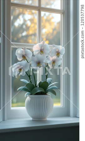 Bright white orchids in full bloom set near a sunlit window, with a serene and calming ambiance 120537798