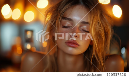 A serene young woman with glowing skin, eyes closed, surrounded by blurred lights 120537828