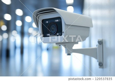 A white surveillance camera mounted on a wall, capturing a sharp view of a brightly lit hallway 120537835