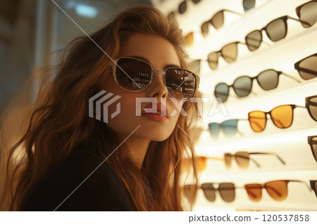 Brunette woman wearing stylish sunglasses, surrounded by illuminated shelves displaying trendy glasses 120537858