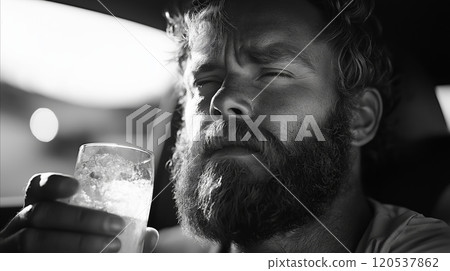 Black and white close up of a bearded man holding a frosty glass with an introspective expression 120537862