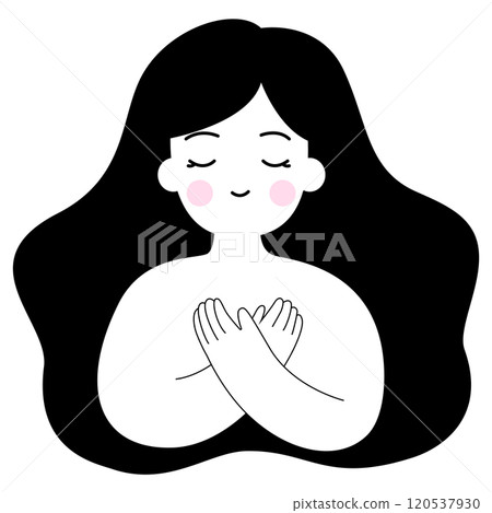 Woman or girl hug herself cartoon. Mental health and love yourself concept for medical, healthy and illustration Woman or girl hug herself cartoon. Mental health and love yourself concept for medical, healthy and illustration 120537930