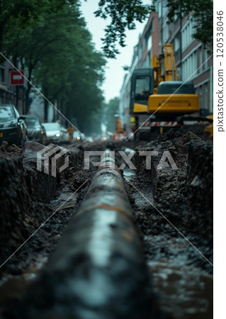 A single pipe runs through a muddy trench in an urban construction site with visible machinery 120538046