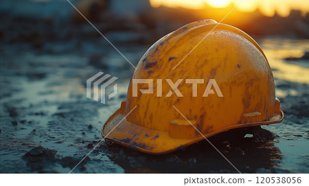 A yellow hard hat sits in muddy terrain at sunset, surrounded by warm light and construction debris A yellow hard hat sits in muddy terrain at sunset, surrounded by warm light and construction debris 120538056