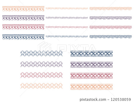 Ribbon lace braid zigzag tassel. Hand drawn ink vector illustration sewing craft embroidery supplies. Set of multicolor objects isolated on white. Design atelier, tailor, hobby shop, fashion boutique 120538059
