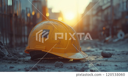 A yellow hard hat sits abandoned on a dusty construction site, illuminated by the setting sun 120538060