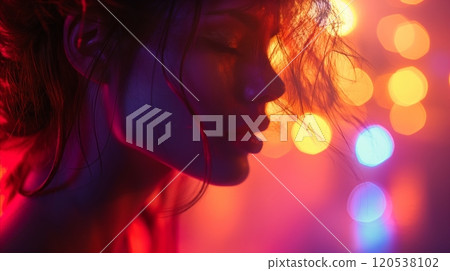 Silhouette of woman with flowing hair softly illuminated by neon lights and dreamy bokeh background 120538102