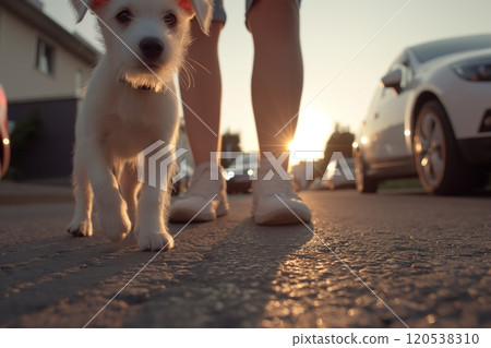 A white puppy with large eyes stands on a road next to human legs, illuminated by the setting sun 120538310