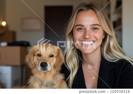 A smiling woman sits beside her dog, surrounded by cardboard boxes in a cozy room 120538318