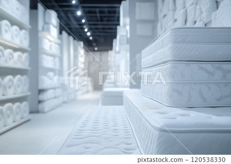 White mattresses stacked in a bright showroom, surrounded by plush bedding items 120538330