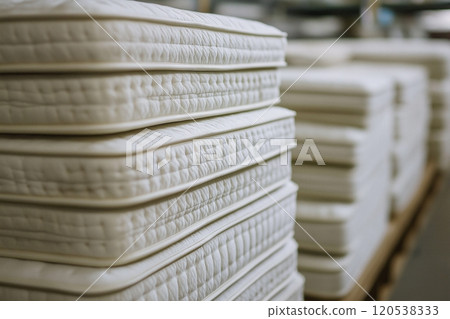 A stack of thick, white mattresses with a quilted pattern, ready for display or shipping 120538333