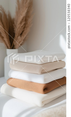 Soft, neutral toned sweaters stacked in a clean, bright setting with sunlight and pampas grass 120538340