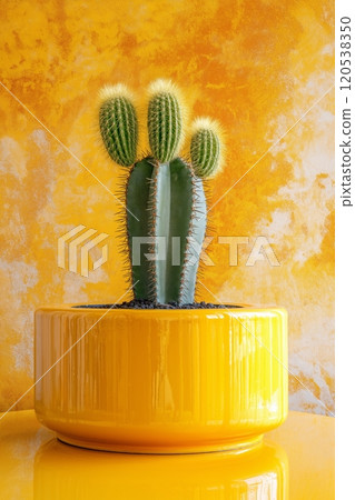 A close up of a cactus in a glossy yellow round pot with spiky textures against a vibrant wall 120538350
