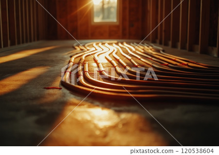 Curved pipes arranged on a concrete floor, illuminated by warm sunlight through a nearby window 120538604