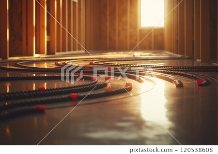 Wavy dark tubing on a smooth floor, stretching across a sunlit, unfinished room with wooden frames 120538608