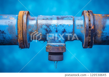 Bright blue pipe with rusty joints and a small drip, standing out against a vibrant blue background 120538645