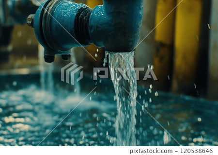 Industrial blue pipe leaking water into a pool, with corrosion and worn surface in a close-up shot 120538646