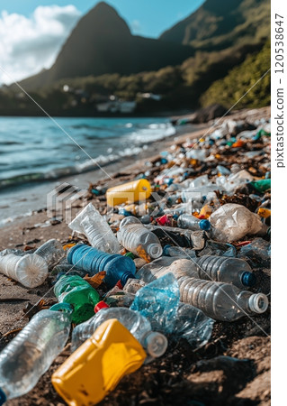 Beach covered in plastic bottles, cans, and litter, with mountains visible in the background Beach covered in plastic bottles, cans, and litter, with mountains visible in the background 120538647