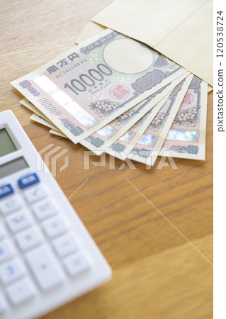 Banknotes and a calculator in an envelope (new banknotes) Banknotes and a calculator in an envelope (new banknotes) 120538724