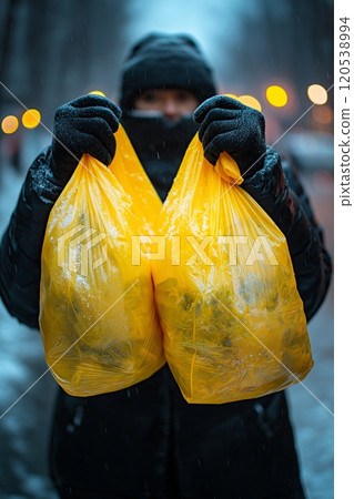 A bundled up person in gloves and mask holds two yellow bags in the snow with soft bokeh lights 120538994