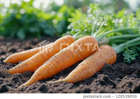 Three carrots with green tops lying on soil in soft daylight with leafy green plants in the background 120539050