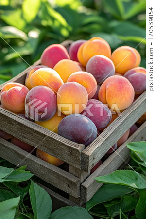 Wooden crate filled with colorful apricots, resting among vibrant green foliage in sunlight 120539054