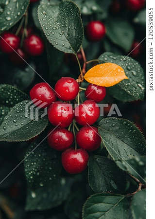 Bright red cherries with raindrops on dark green leaves, accented by a single vibrant yellow leaf 120539055