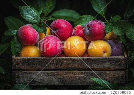 Colorful plums in a vintage wooden crate, with green leaves and a dark, natural backdrop 120539056