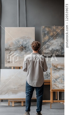 Man standing in a gallery, viewing abstract paintings on canvas with soft, earthy tones 120539073