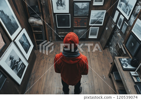 Man in a red jacket and beanie thoughtfully admiring black and white photography in a rustic gallery 120539074