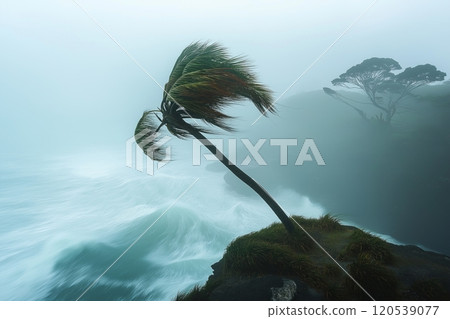 A wind battered palm tree on a cliff, leaning over turbulent ocean waters and surrounded by mist 120539077
